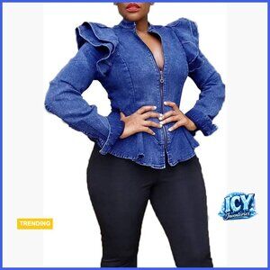 Long Sleeve Denim Jacket with Ruffle Shoulder Peplum Design